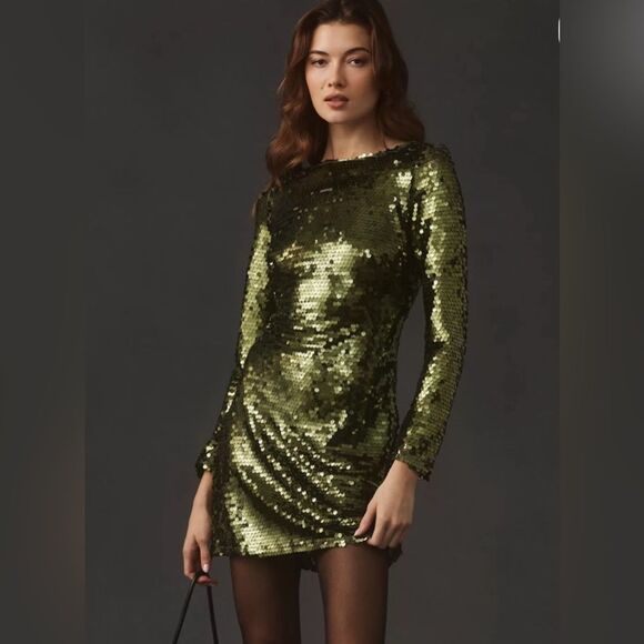 Anthropologie women’s 2 sequin drape back midi dress holiday celebration mermaid - Picture 1 of 7